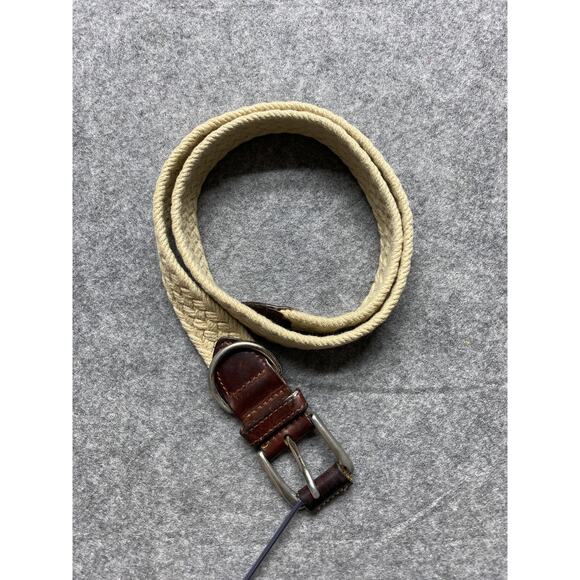 Woven Braided Cotton Rope Belt Mens Tan Brown Leather Buckle D-Ring Honors USA - Picture 1 of 10